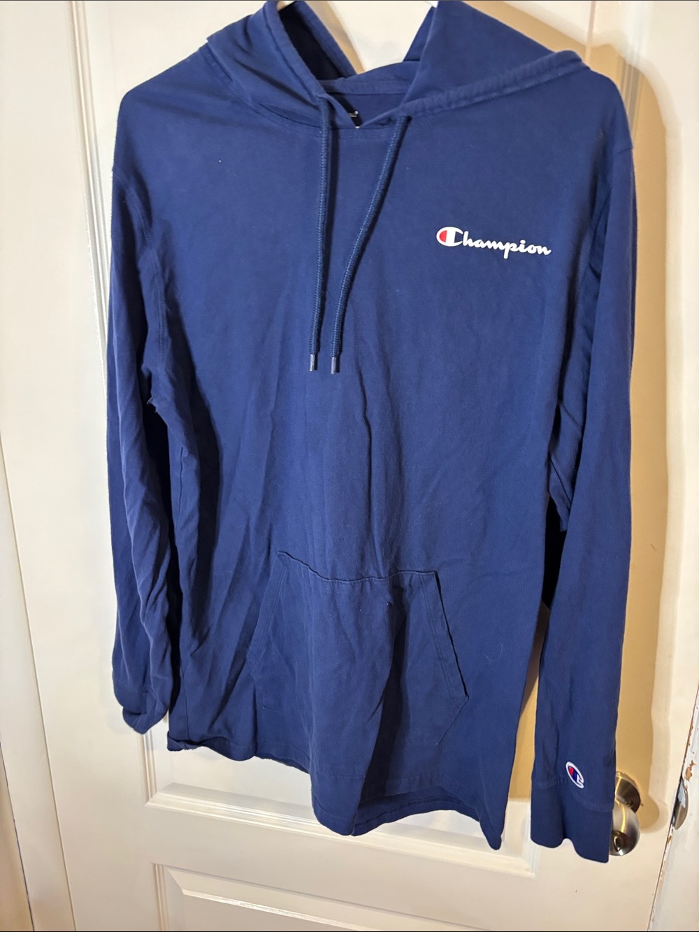 Champion Navy Blue Crewneck Hoodie with Script Logo